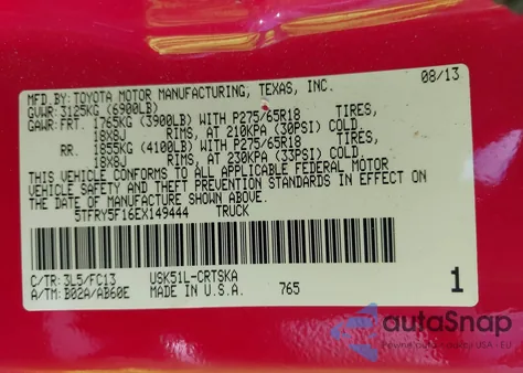 2014 Toyota Tundra Sr5 5.7L V8 z USA, uszkodzony, nr VIN 5TFRY5F16EX149444